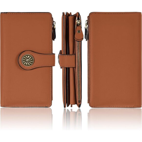 New Luxury Waxed Leather RFID Wallet for Women Large Capacity Clutch - Tan - Picture 7 of 9